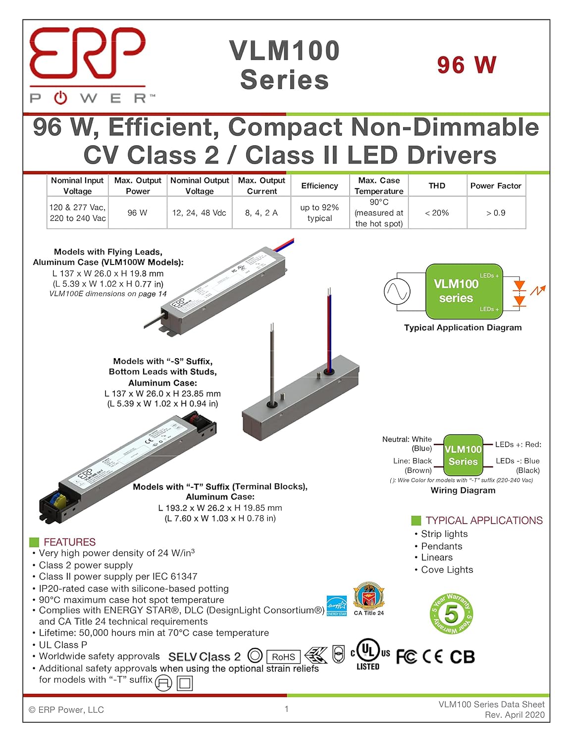 ERP VLM100W-24 Constant Voltage DC Power Compact LED Driver 24V 4A 96W UL Class P for LED Lights and Lighting