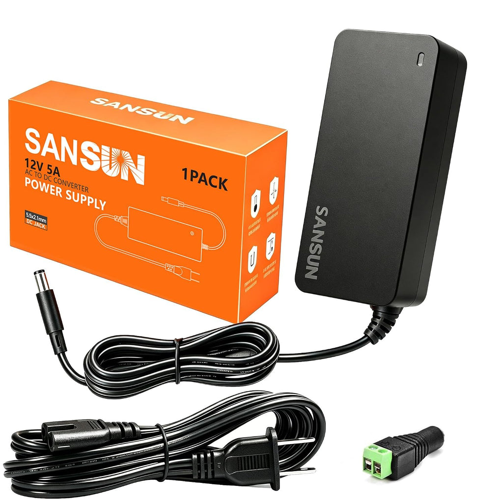 12V 5A Power Supply, AC 120V to DC12V 5.5X2.1Mm Jack Converter, 12 Volt LED Driver 60W Adapter Transformer for Strip Lights, Surveillance Cameras, External HDD, Monitor, CCTV (Pack of 1)