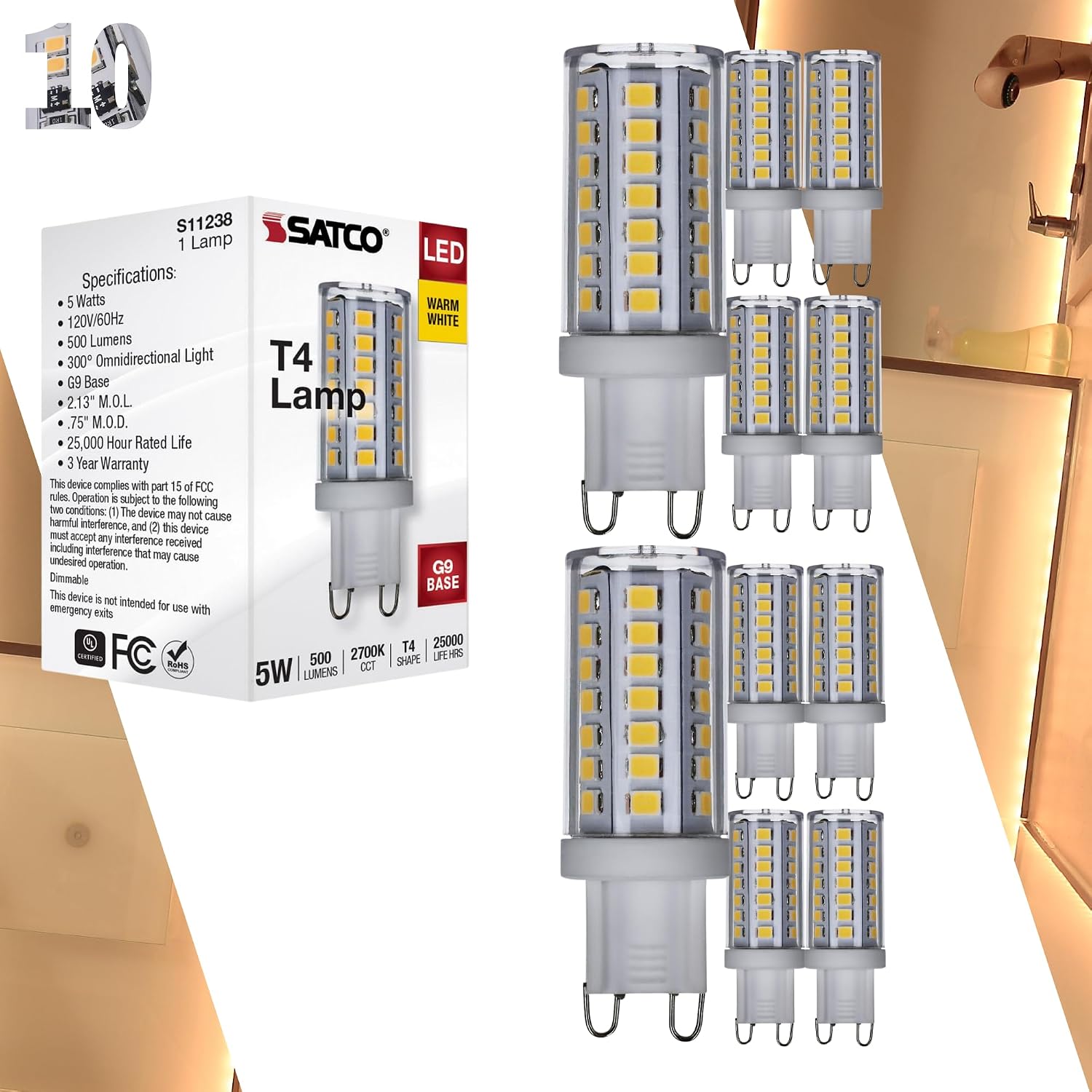 5W LED G9 2700K Warm White Clear T4 Shape 120V Dimmable 40W Equivalent Light Bulb (10 Pack)