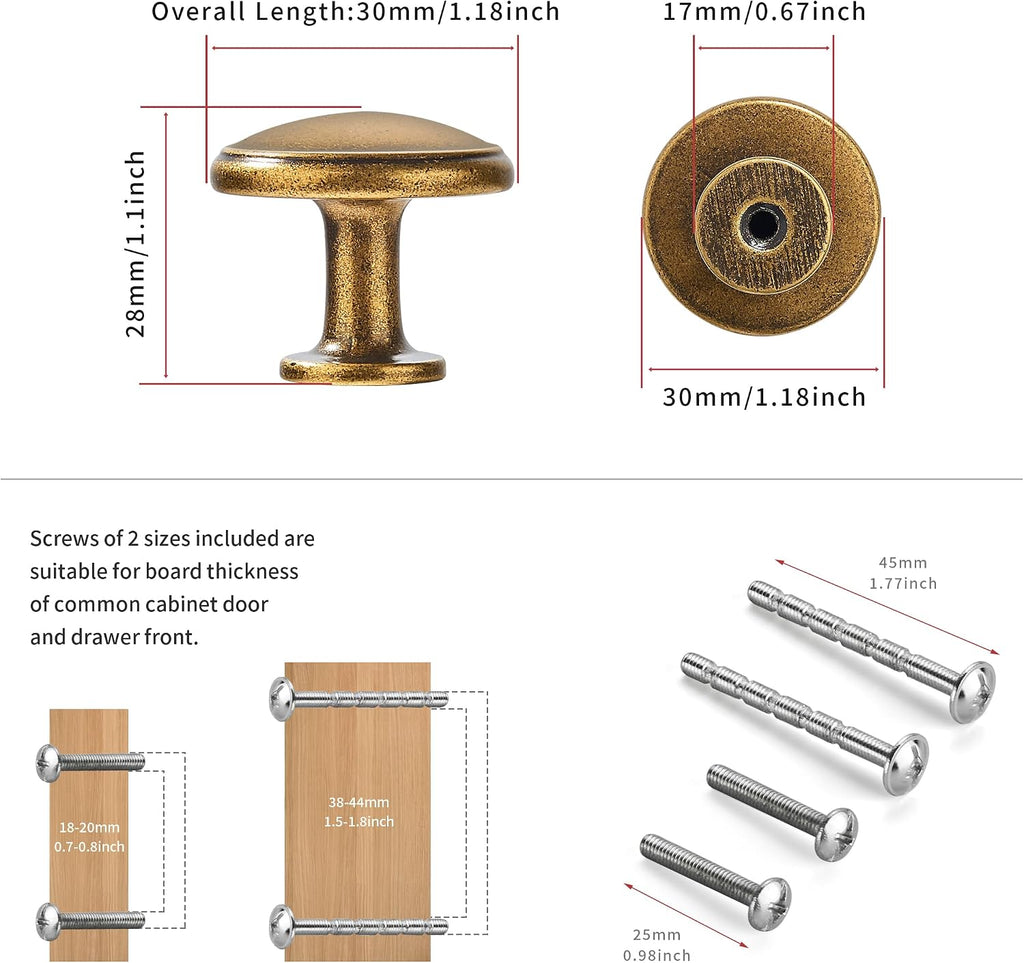 10 Pack Antique Brass Cabinet Knobs Drawer Knob Kitchen Hardware - Single Hole Vintage Retro Cabinet Knobs Kitchen Cabinet Pulls for Closet Wardrobe Dresser Cupboard