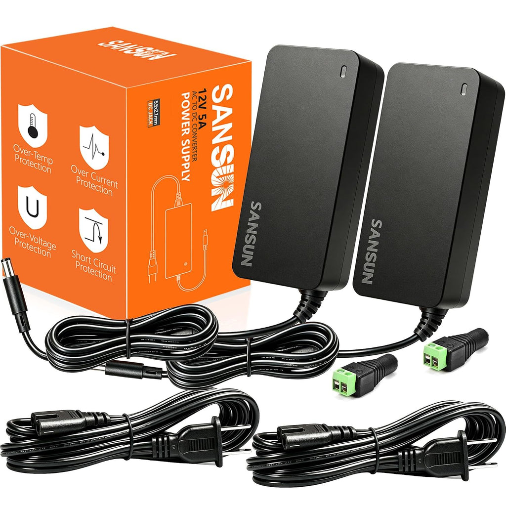 12V 5A Power Supply, AC 120V to DC12V 5.5X2.1Mm Jack Converter, 12 Volt LED Driver 60W Adapter Transformer for Strip Lights, Surveillance Cameras, External HDD, Monitor, CCTV (Pack of 1)