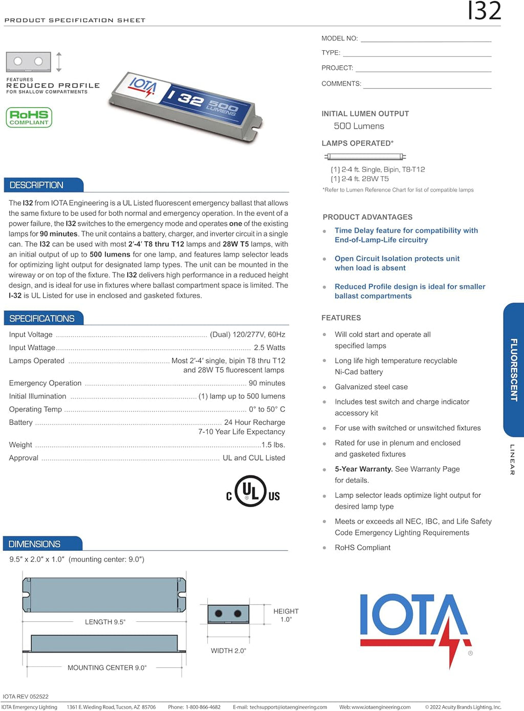 I32 (I-32-TBTS) IOTA Emergency Lighting Battery Pack Ballast | 500 Lumen Output | Reduced Profile