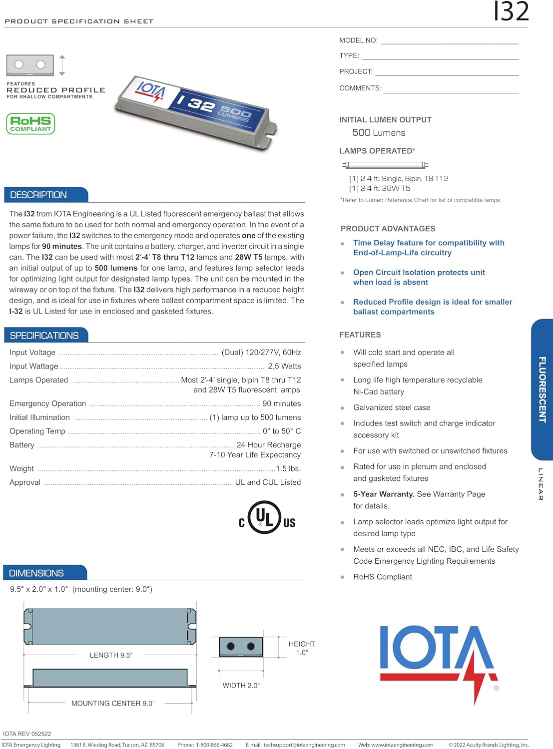 I32 (I-32-TBTS) IOTA Emergency Lighting Battery Pack Ballast | 500 Lumen Output | Reduced Profile