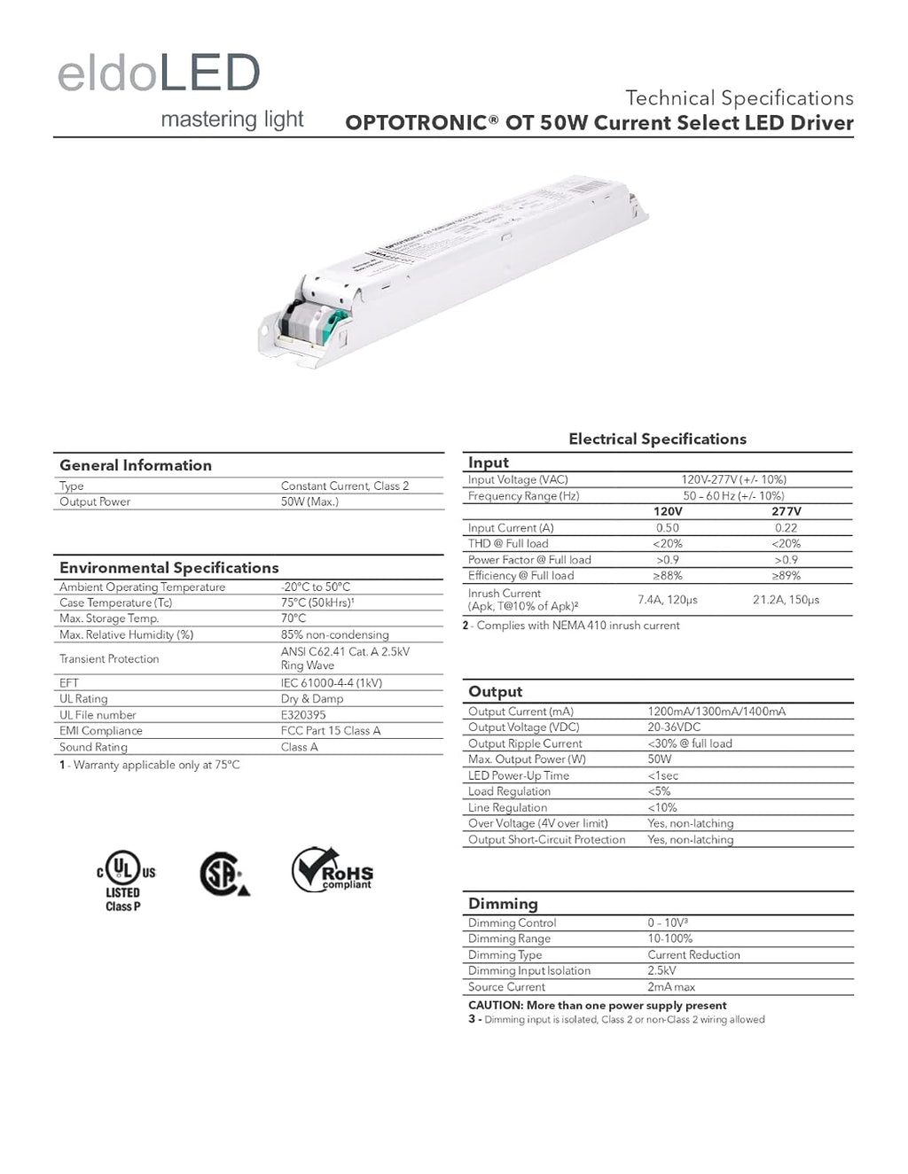57439 Optotronic 50W 120/277V AC 50/60Hz Constant Current Non- Dimmable LED Driver OT 50W/UNV/1A4 CS L