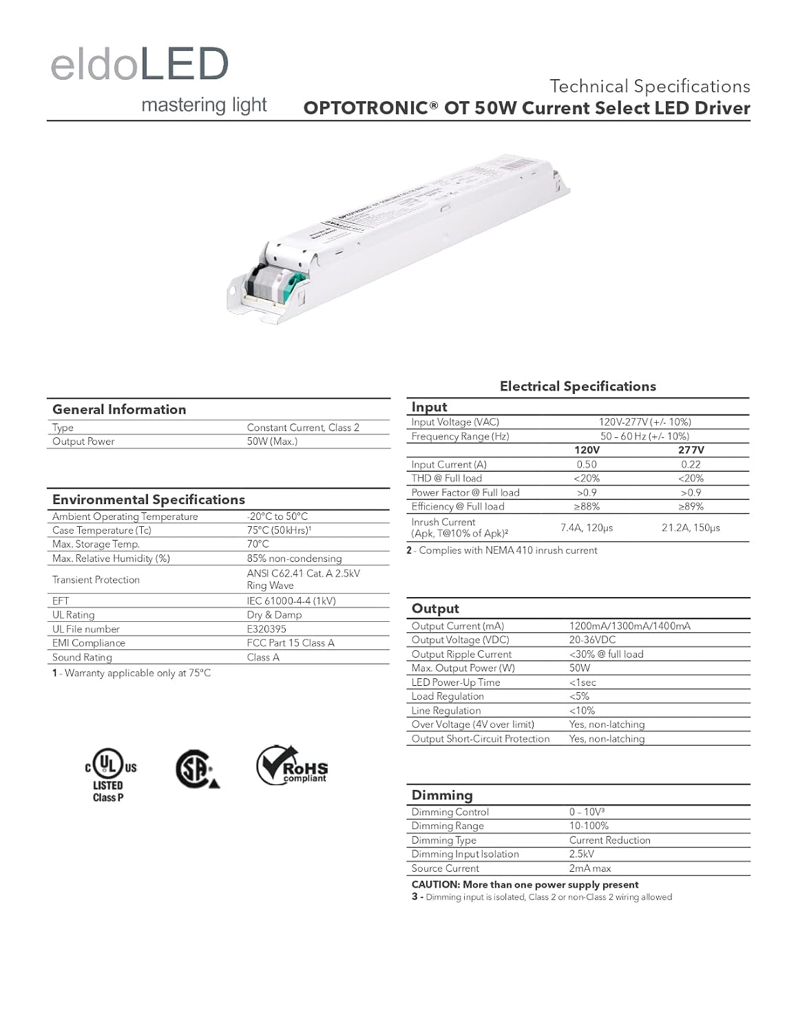 57439 Optotronic 50W 120/277V AC 50/60Hz Constant Current Non- Dimmable LED Driver OT 50W/UNV/1A4 CS L