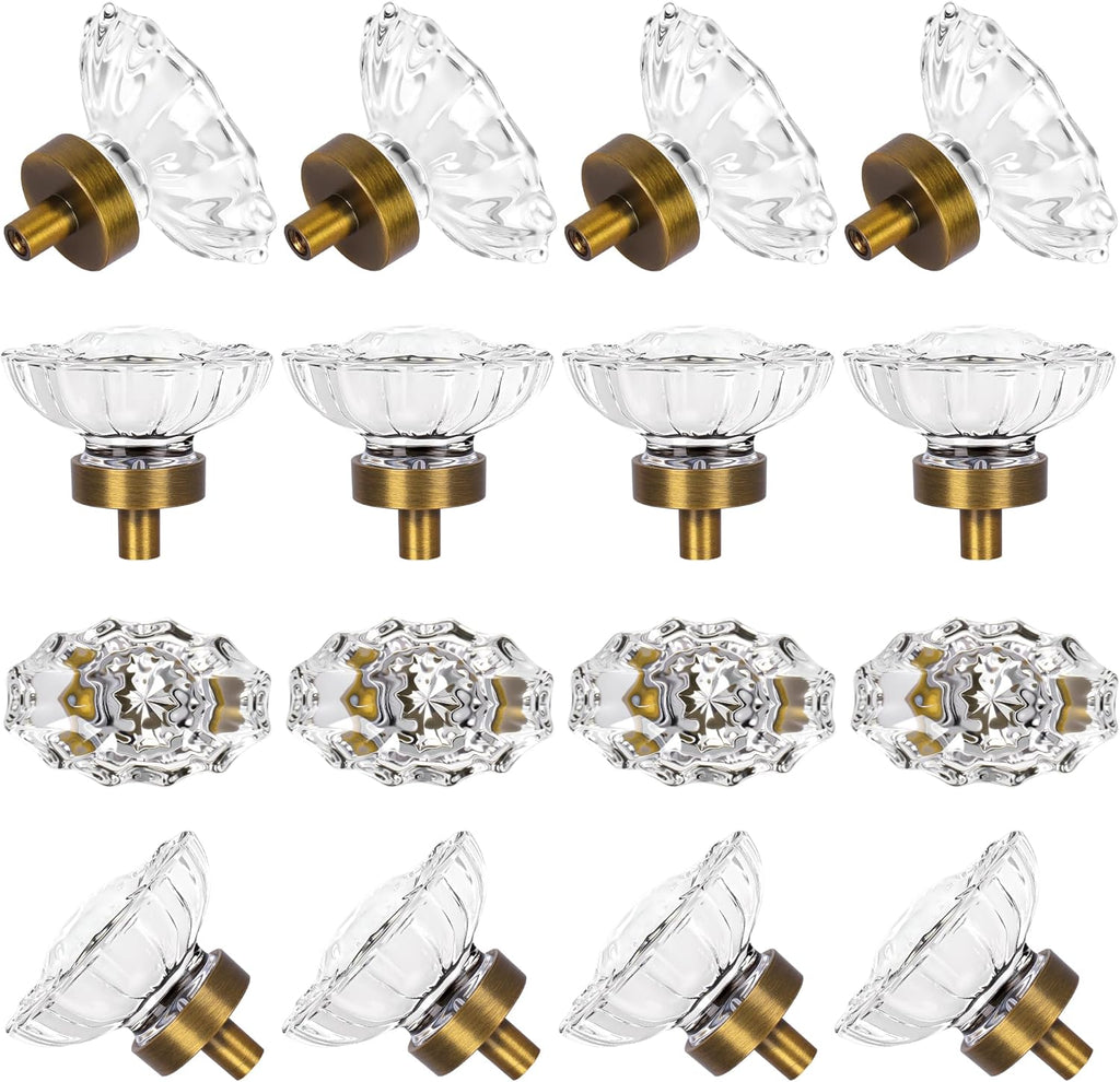 16 Pack Vintage Cabinet Knobs Crystal Cabinets Knob,Oval Antique Brass Glass Cabinet Knobs for Dresser Cupboard Wardrobe