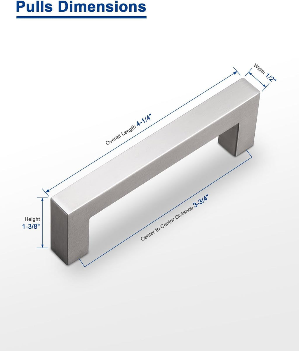 30 Pack 3-3/4" Hole Center Stainless Steel Cabinet Handles in Satin Nickel, Square Kitchen Cabinet Handles Dresser Pulls Hardware for Drawer, 4-1/4" Overall Length