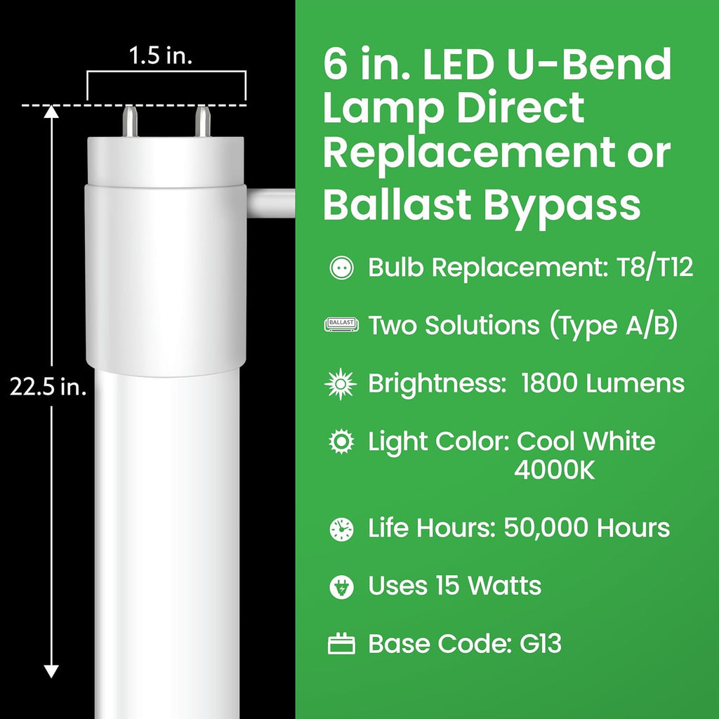 T8 U-Bend LED Tube Light, 15 Watts, Replaces 32W FB32T8 Fluorescent U-Bend, 2100 Lumens, Cool White 4000K, Type A+B Direct Replacement or Ballast Bypass, G13 Base, 50,000 Hours, 4-Pack