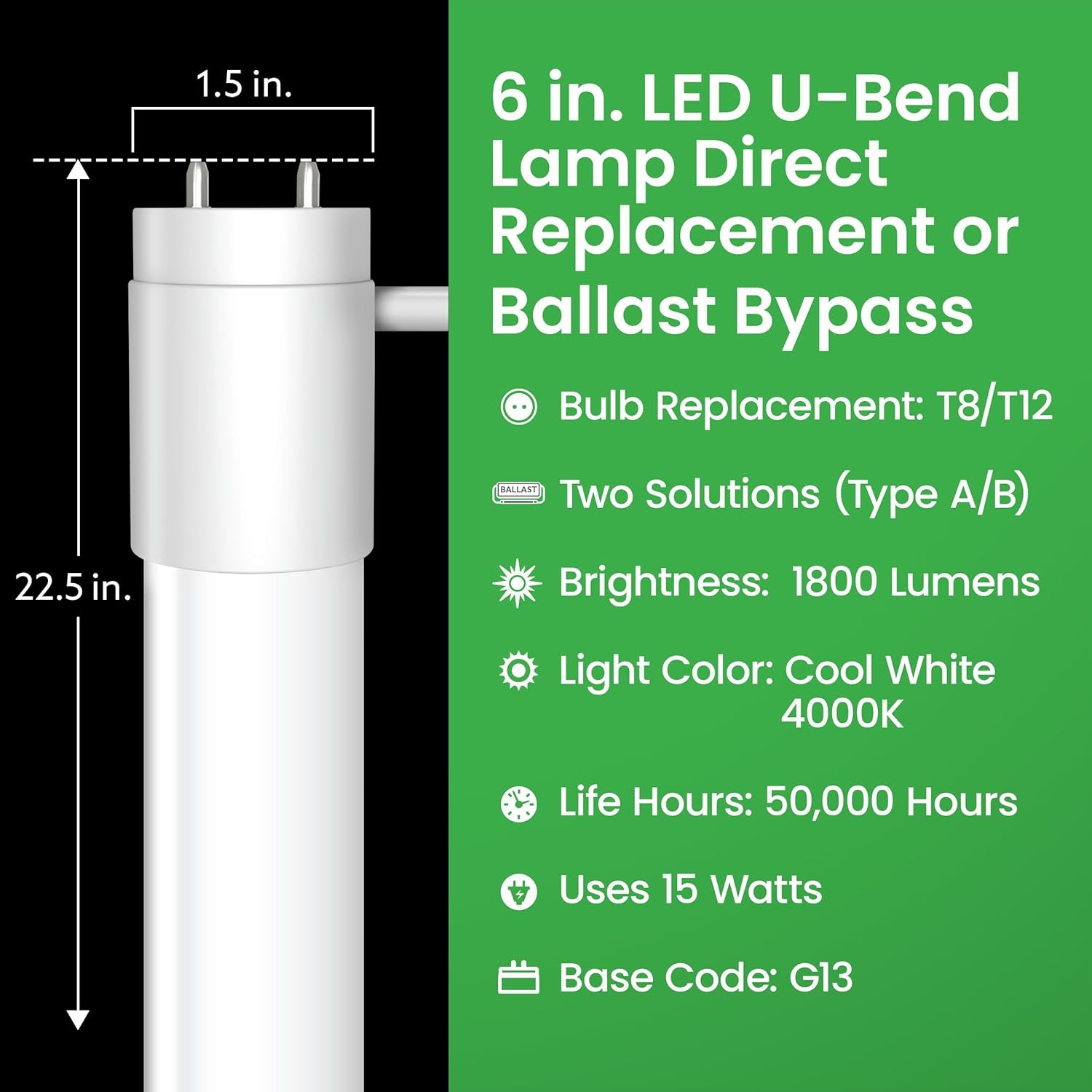 T8 U-Bend LED Tube Light, 15 Watts, Replaces 32W FB32T8 Fluorescent U-Bend, 2100 Lumens, Cool White 4000K, Type A+B Direct Replacement or Ballast Bypass, G13 Base, 50,000 Hours, 4-Pack