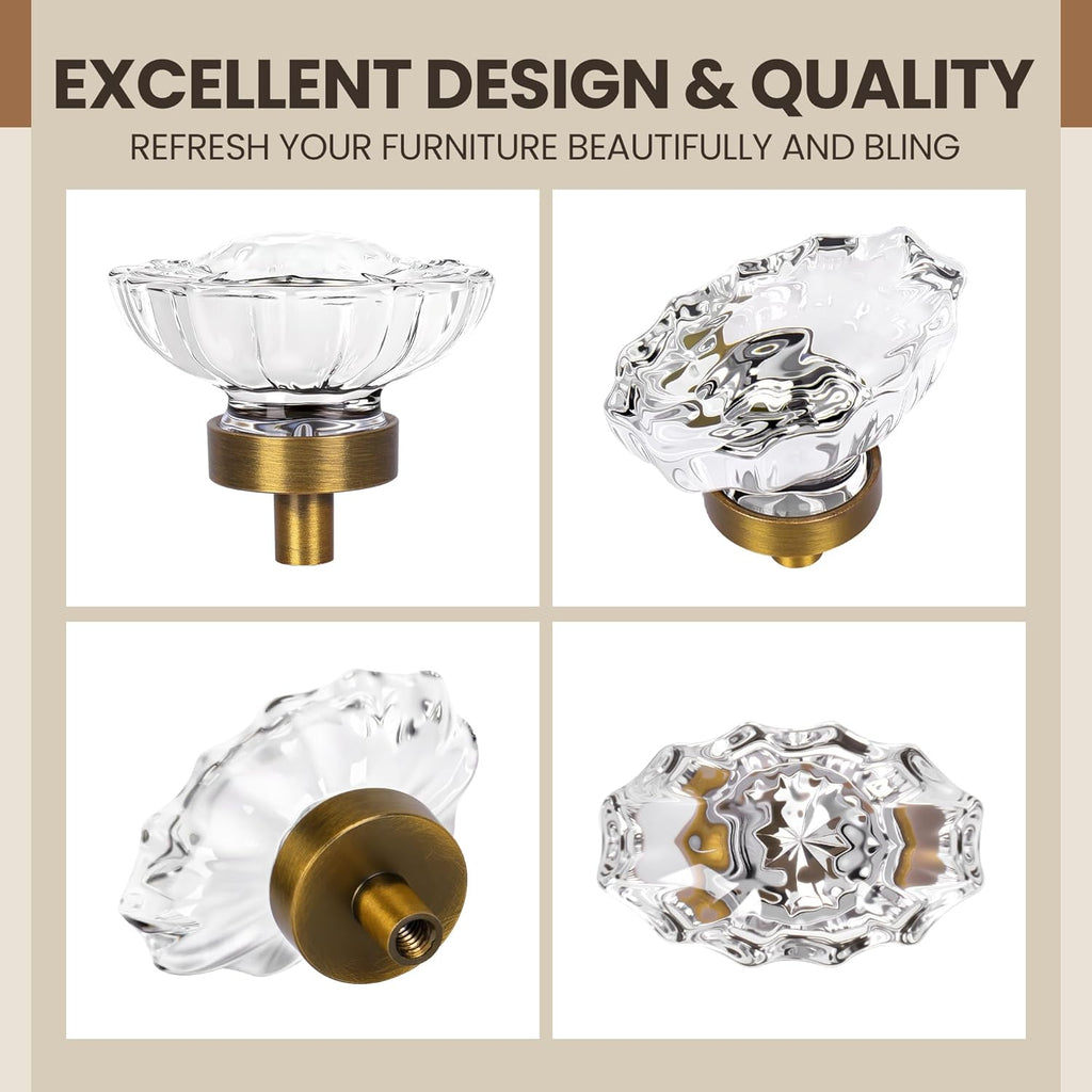 16 Pack Vintage Cabinet Knobs Crystal Cabinets Knob,Oval Antique Brass Glass Cabinet Knobs for Dresser Cupboard Wardrobe