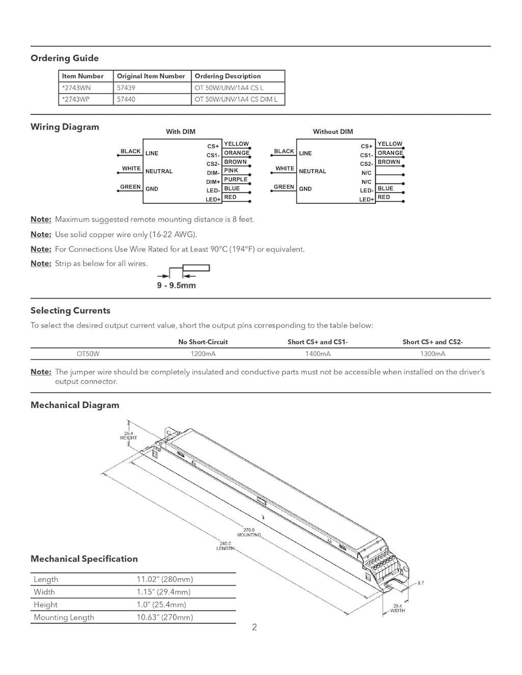 57439 Optotronic 50W 120/277V AC 50/60Hz Constant Current Non- Dimmable LED Driver OT 50W/UNV/1A4 CS L