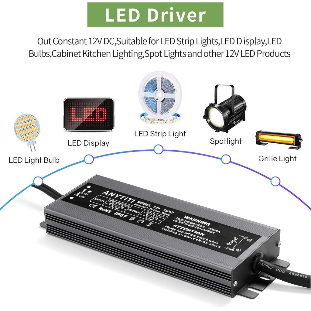 150W IP67 Waterproof 12V LED Power Supply for Outdoor LED Lights