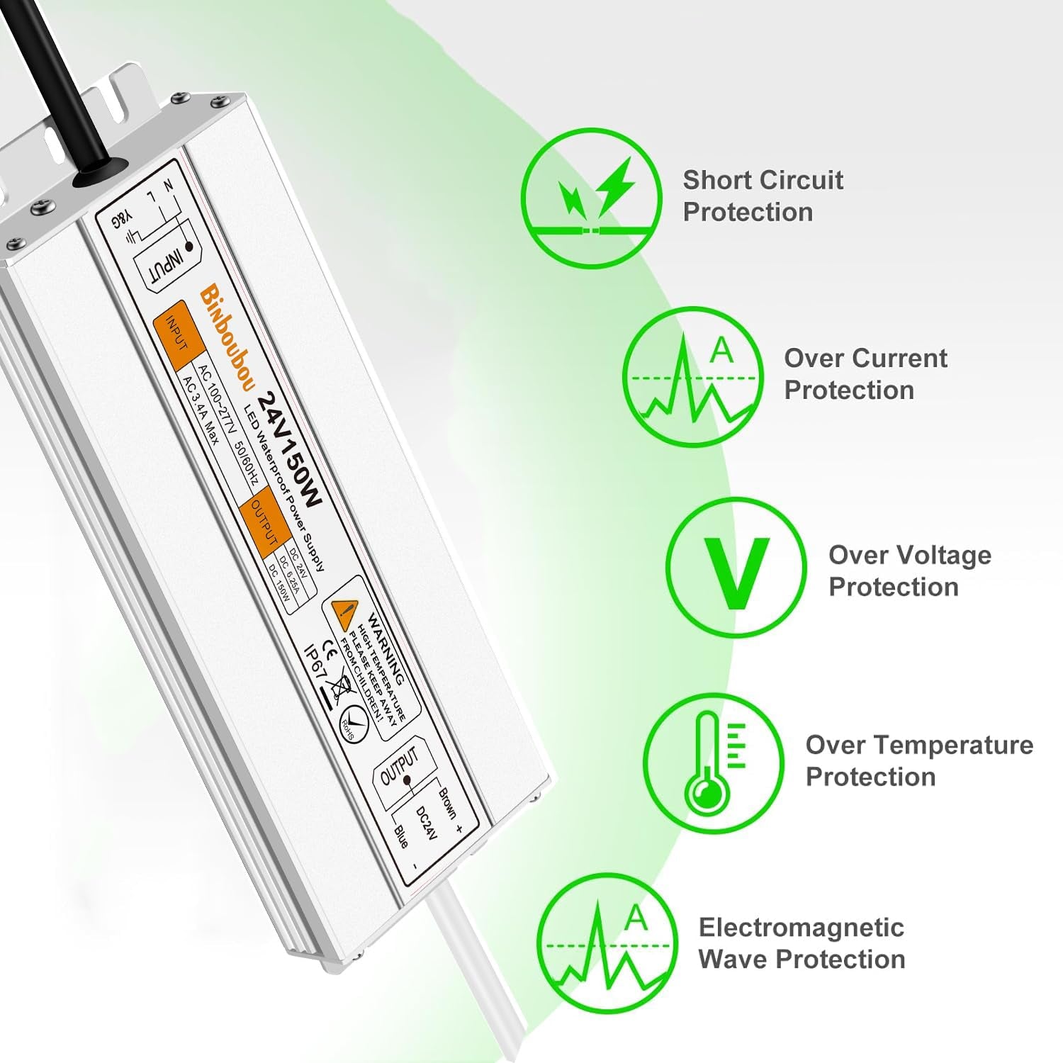 150W LED Driver AC110V to 24V DC Transformer Power Converter, IP67 Waterproof Low Voltage Transformer with 3-Prong Plug for Any Outdoor and Indoor Led Lights, Computer Projects