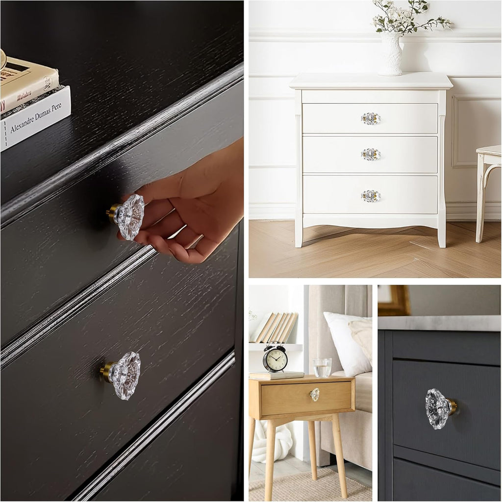16 Pack Vintage Cabinet Knobs Crystal Cabinets Knob,Oval Antique Brass Glass Cabinet Knobs for Dresser Cupboard Wardrobe