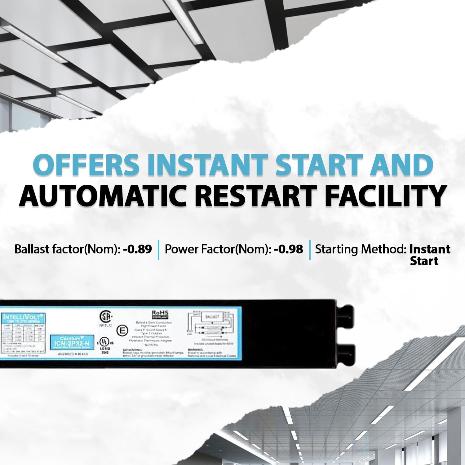 ICN2P32N, 120-277V, 50-60Hz Input Frequency, Solid Wire Type, Instant Start Centium Electronic Fluorescent Ballast for 2 F32T8 Lamp Type, Indoor/Outdoor Use with Automatic Restart Ballast Box