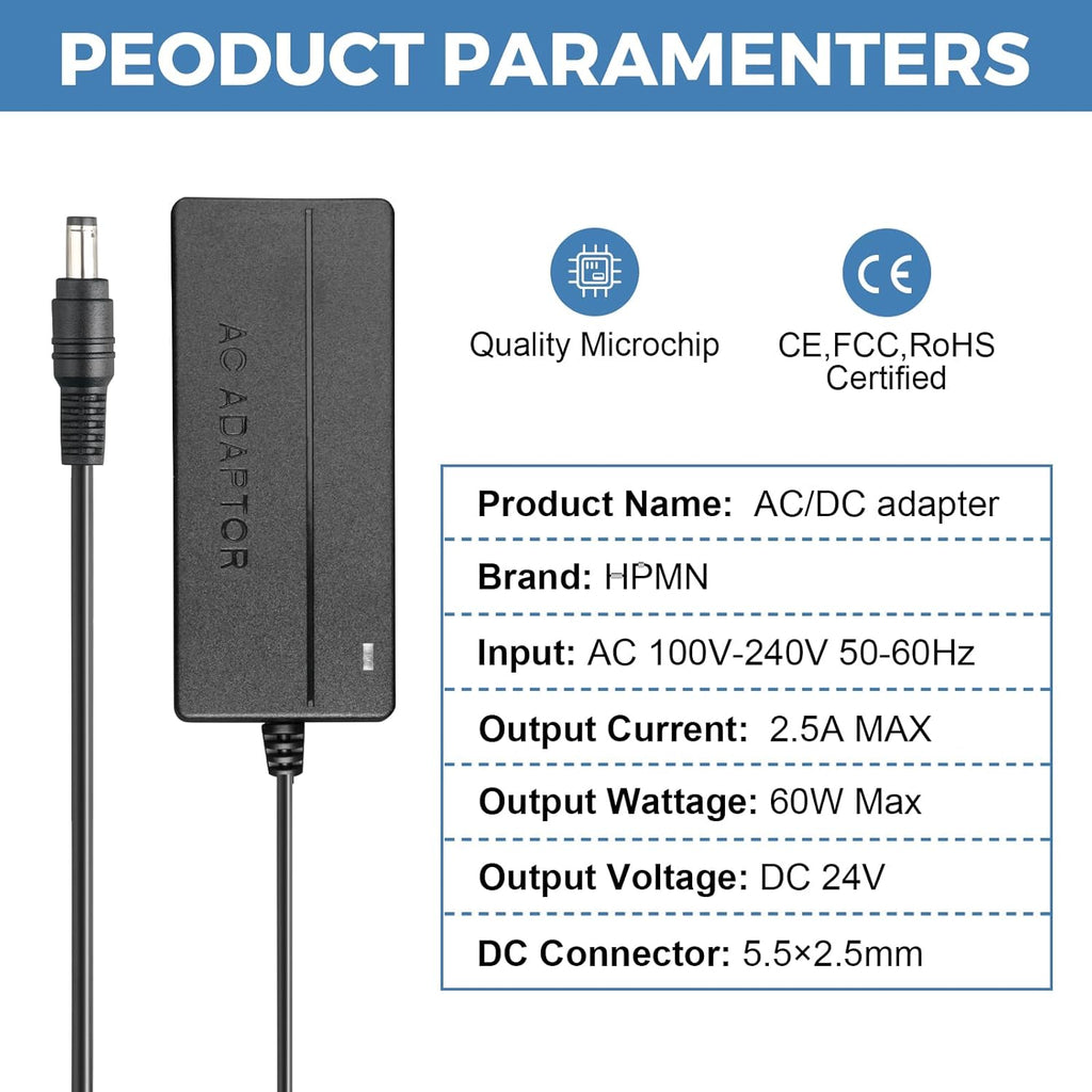 24V 2.5A Power Supply 60W AC/DC Adapter AC 100-240V to DC 24 Volt 2.5 Amp Switching Converter Compatible with 2.4A Interface with 5.5×2.5Mm Plug for LED Strip Light