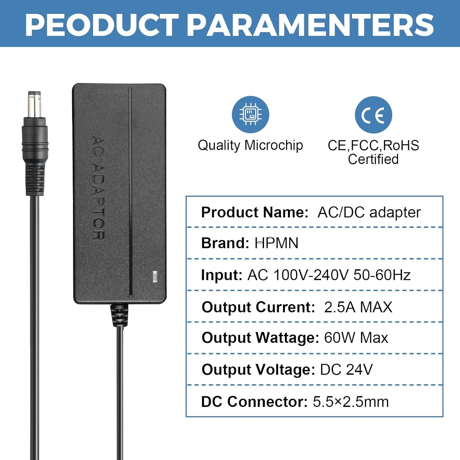 24V 2.5A Power Supply 60W AC/DC Adapter AC 100-240V to DC 24 Volt 2.5 Amp Switching Converter Compatible with 2.4A Interface with 5.5×2.5Mm Plug for LED Strip Light