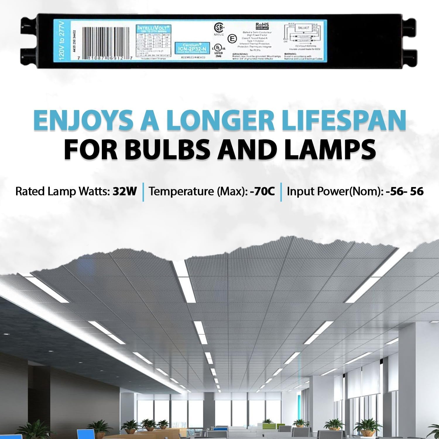 ICN2P32N, 120-277V, 50-60Hz Input Frequency, Solid Wire Type, Instant Start Centium Electronic Fluorescent Ballast for 2 F32T8 Lamp Type, Indoor/Outdoor Use with Automatic Restart Ballast Box