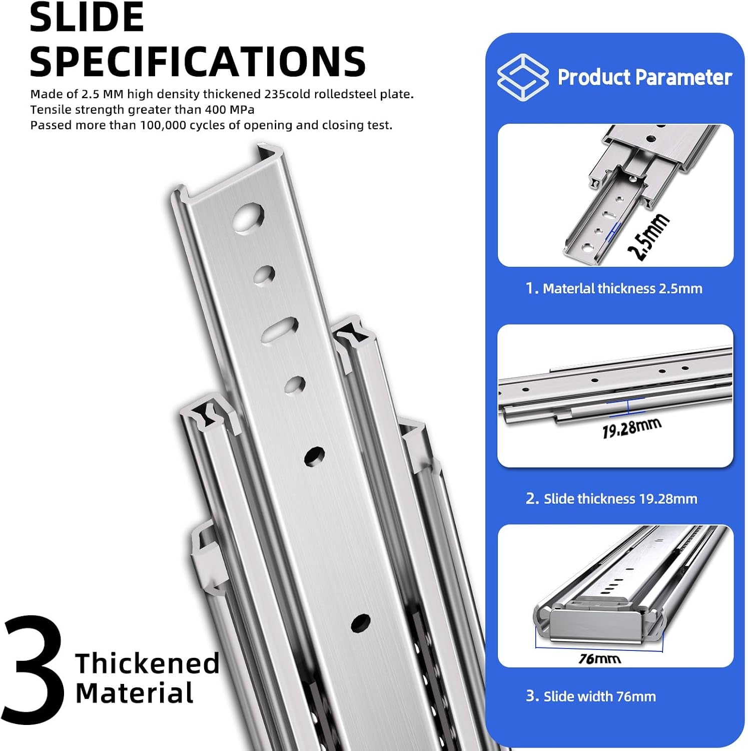 500Lbs Heavy Duty Drawer Slides 1 Pair 16 18 20 22 26 30 40 Inch Full Extension Ball Bearing Sliding Rails Cabinet Runners Tracks Tool Box Glides (76Mm Wide)-18"