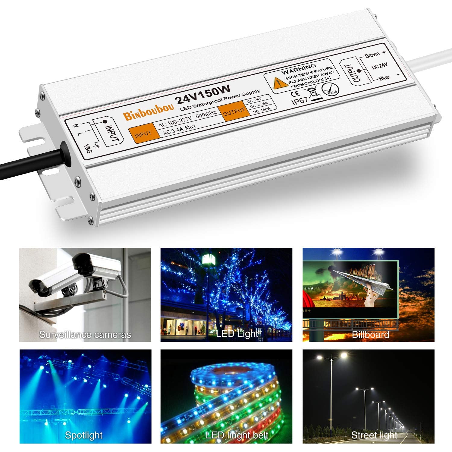 150W LED Driver AC110V to 24V DC Transformer Power Converter, IP67 Waterproof Low Voltage Transformer with 3-Prong Plug for Any Outdoor and Indoor Led Lights, Computer Projects
