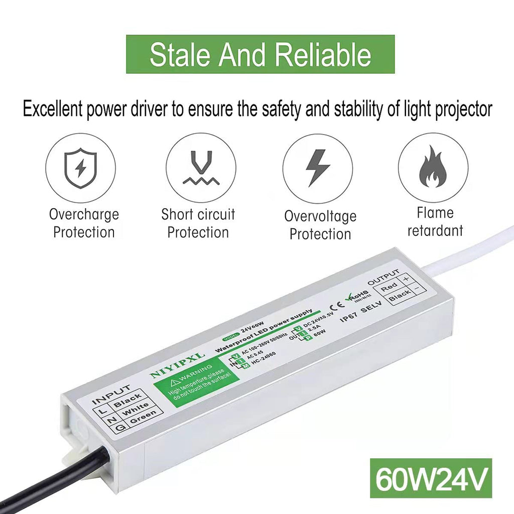 LED Driver 60W Waterproof IP67 Power Supply, 24V Transformer 90V-260V AC to DC for Strip Lights, Constant Voltage Products (1)