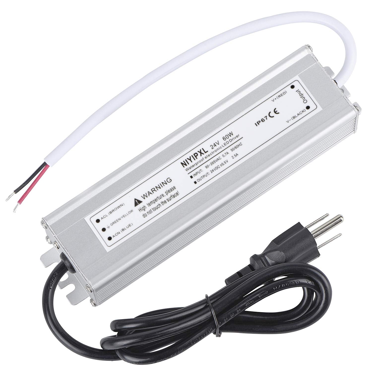 LED Driver 60 Watts 24V DC Low Voltage Transformer， Waterproof IP67 LED Power Supply, Adapter with 3-Prong Plug 3.3 Feet Cable for Any 24V DC Led Lights, Computer Project, Outdoor Light