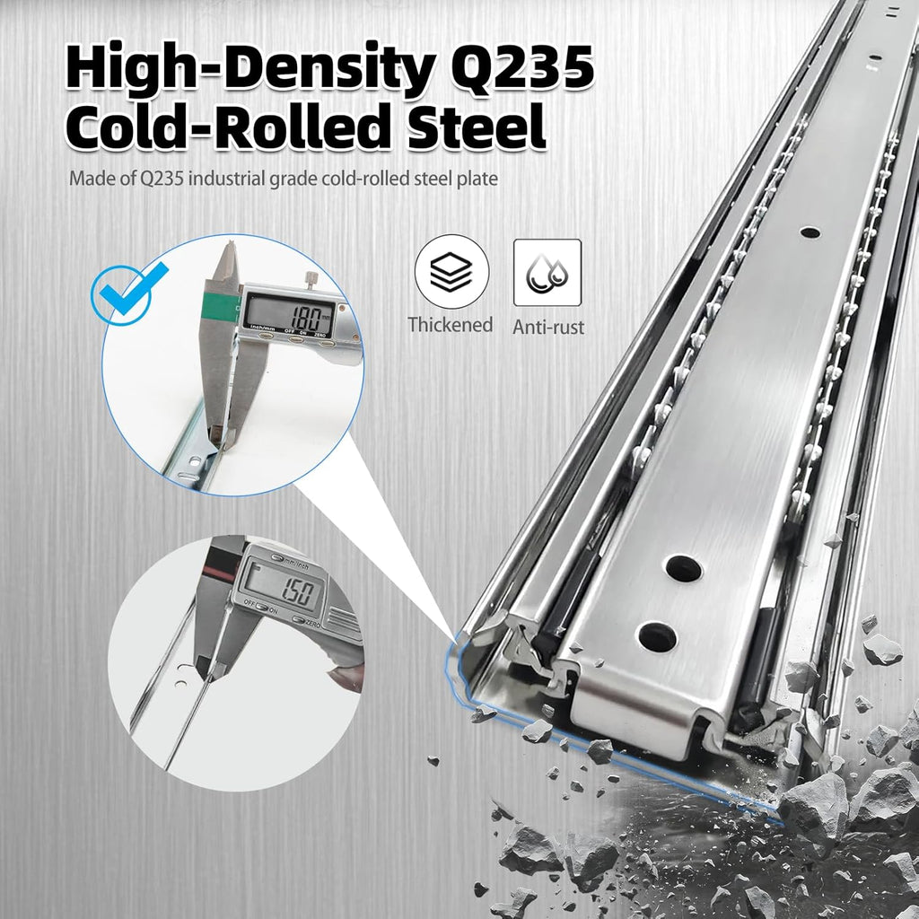 Thickened 200Lbs Heavy Duty Drawer Slides 1 Pair 24 Full Extension Ball Bearing Sliding Rails Kitchen Cabinet RV Runners Shelf Tool Box Tracks Glides (1/2" Thick, 24" L)