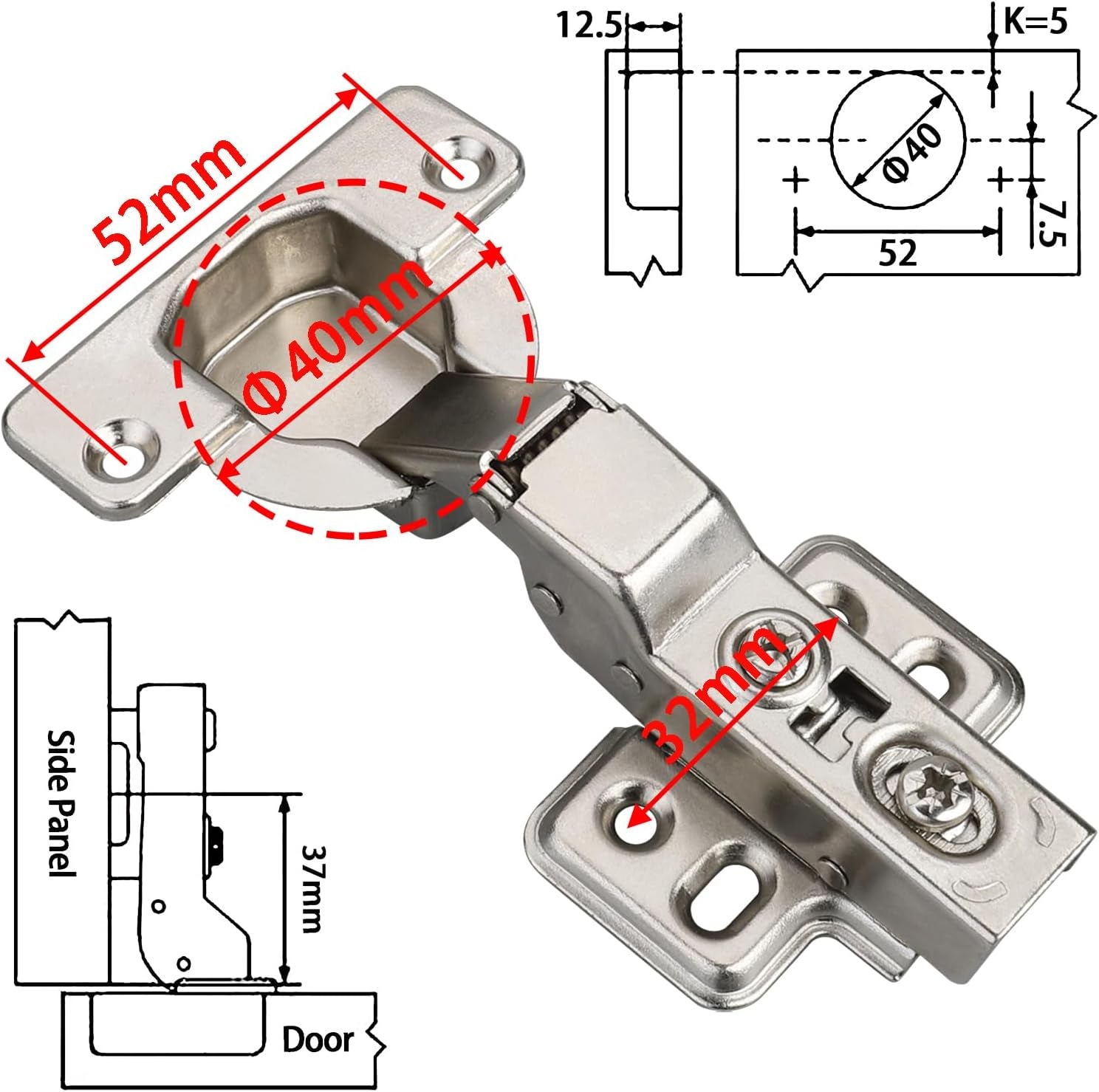 2 Pcs 40Mm Cup Half Overlay Soft Close Cabinet Hinges Only for Thick Door(18-28Mm), Durable, Quiet & Heavy Duty European Concealed Hinges with Screws, Nickel Plated for Frameless Cabinets