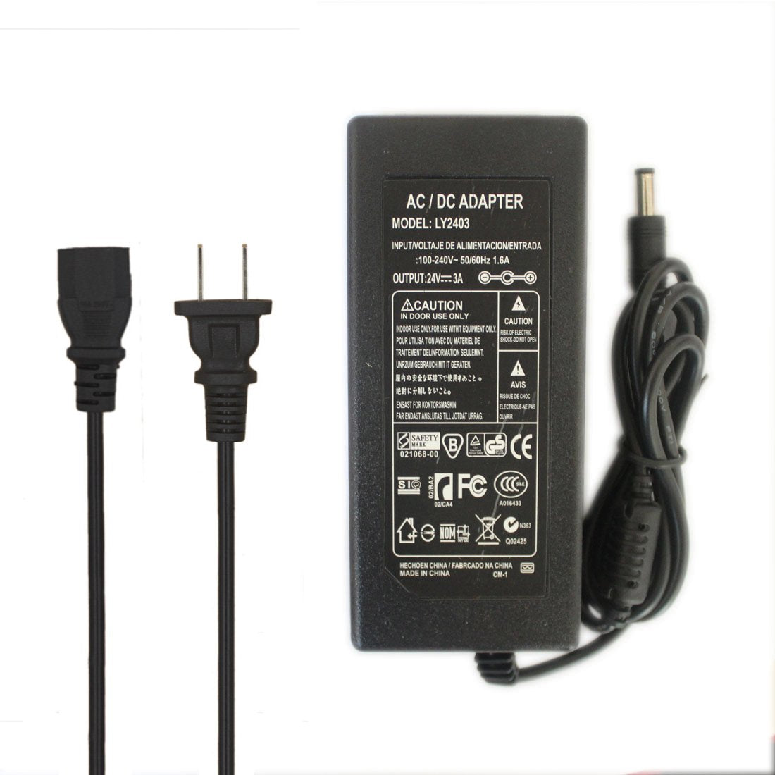 24V 3A Power Supply 72W, 110-240V 50/60Hz AC to DC 24 Volt 3Amp Adapter with 5.5 X 2.1Mm US Plug Cord for LED Strip Light, 3D Printer,Ride on Toys