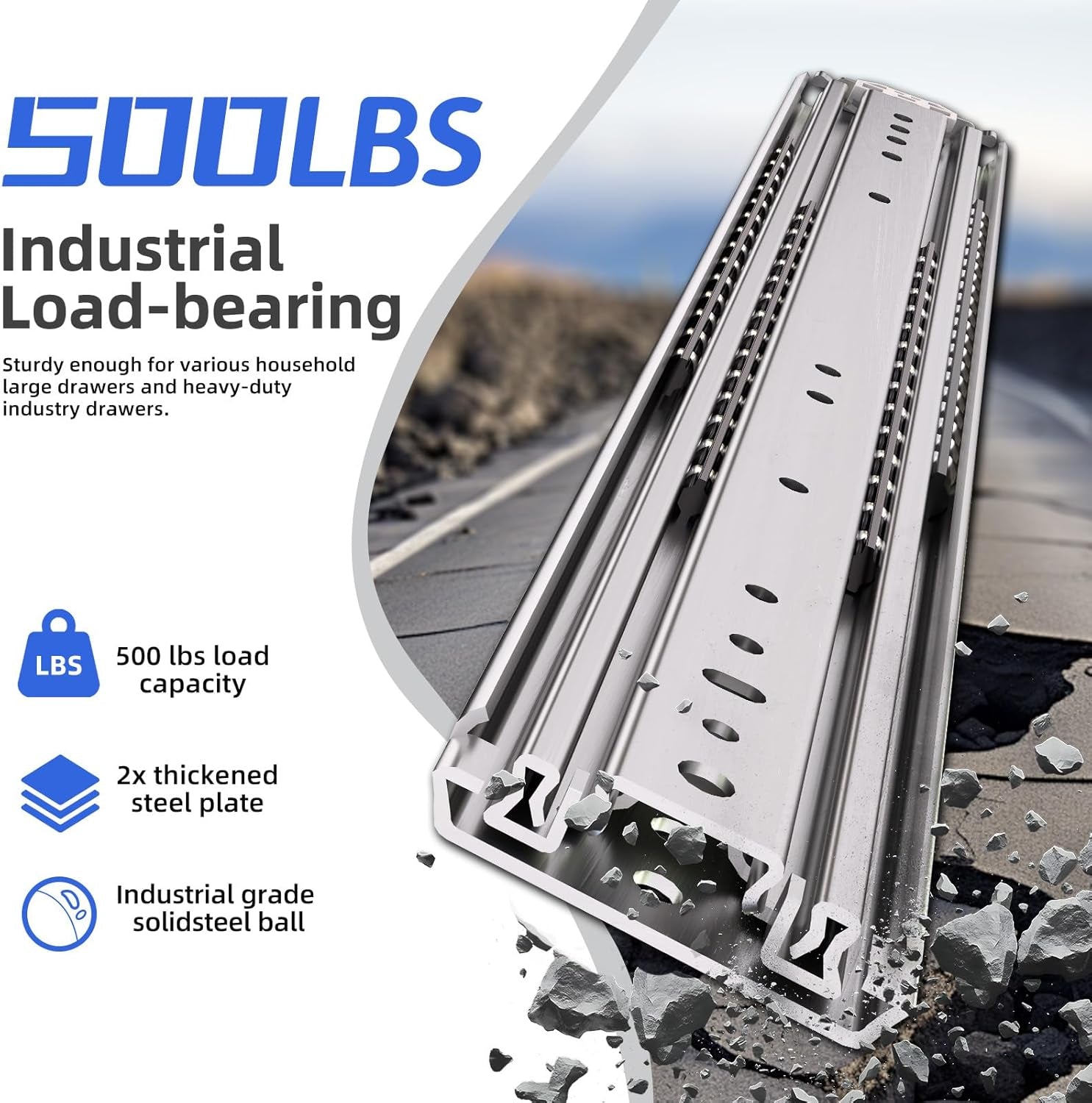 500Lbs Heavy Duty Drawer Slides 1 Pair 16 18 20 22 26 30 40 Inch Full Extension Ball Bearing Sliding Rails Cabinet Runners Tracks Tool Box Glides (76Mm Wide)-18"