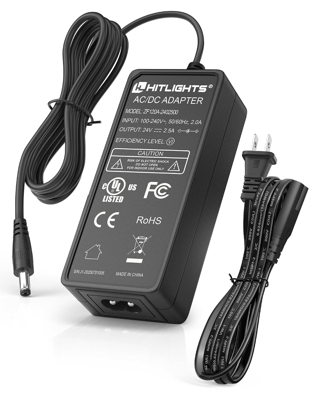 24V 2.5A 60W Power Supply, AC/DC LED Adapter, Class 2, Ul-Listed