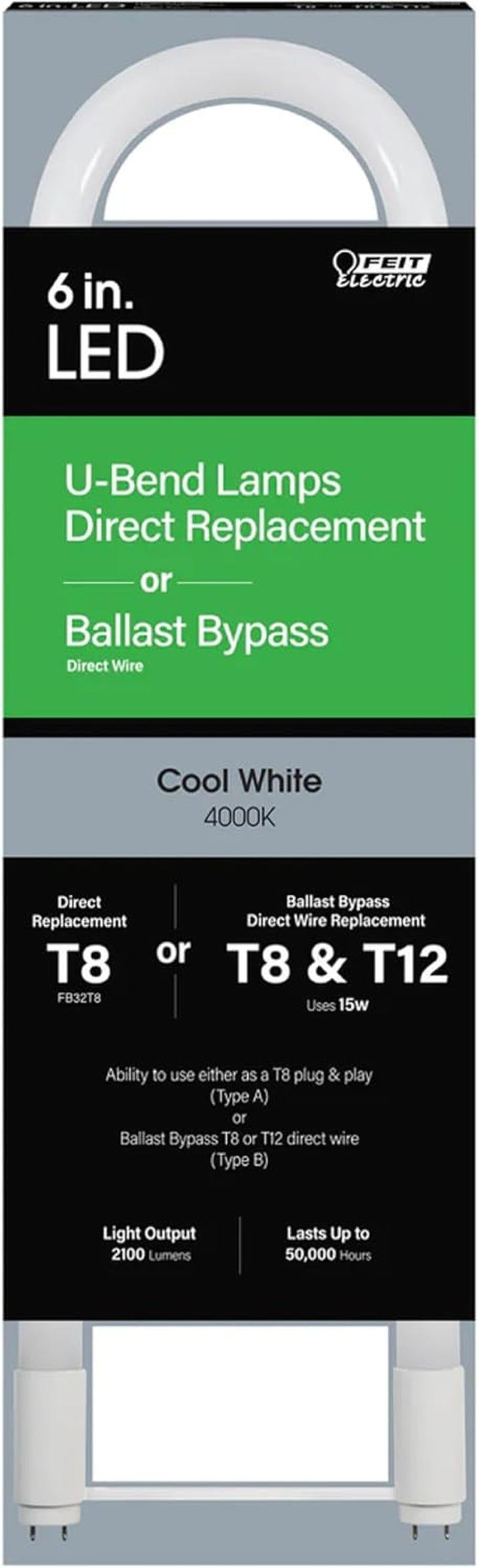 T8 U-Bend LED Tube Light, 15 Watts, Replaces 32W FB32T8 Fluorescent U-Bend, 2100 Lumens, Cool White 4000K, Type A+B Direct Replacement or Ballast Bypass, G13 Base, 50,000 Hours, 4-Pack